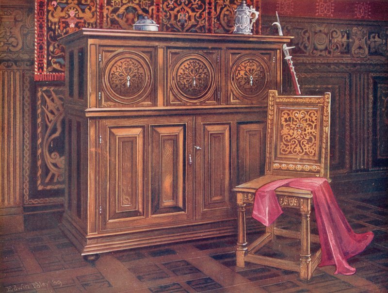 Oak Cabinet, with Circular Convex Panels, Incised Arabesque Ornament. Walnut Chair, with Interlaced Ornament by Edwin John Foley
