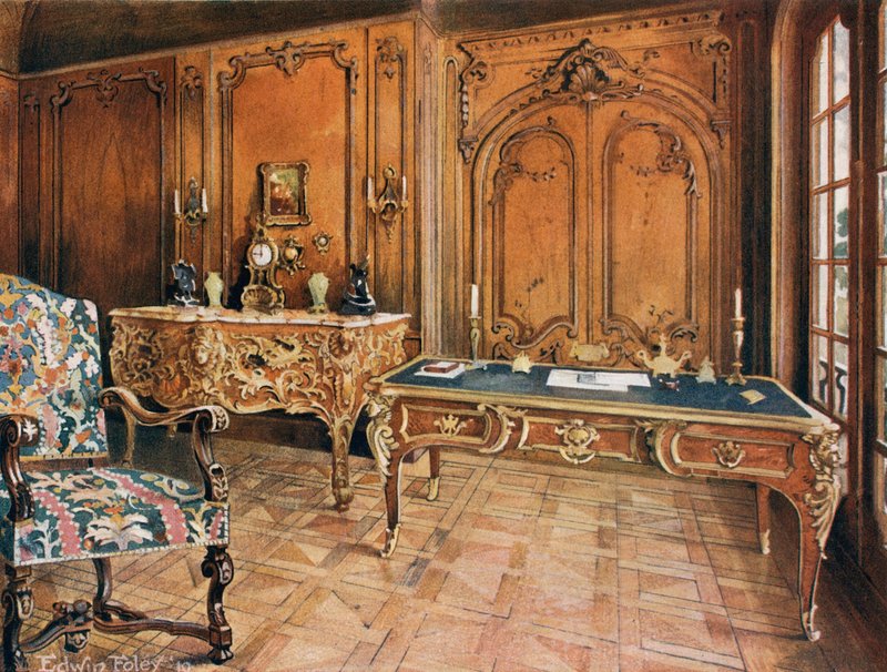 Panelled Room: French--Style of the Regence. Carved Oak Chair. Ormolu-Mounted Mahogany Writing-Table. Ormolu-Mounted Bombe Commode, by Charles Cressent by Edwin John Foley