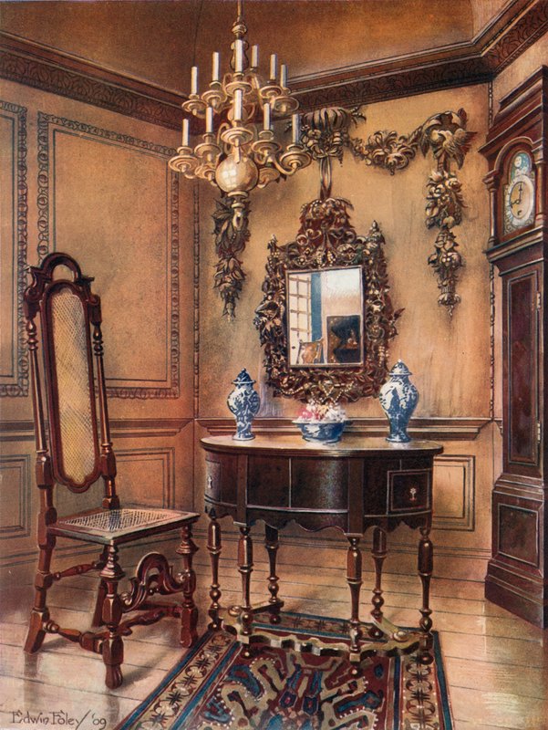 Panelling, with Grinling Gibbon Carvings. Mirror Frame, Walnut Table, William and Mary. Walnut Chair, Charles Wesley