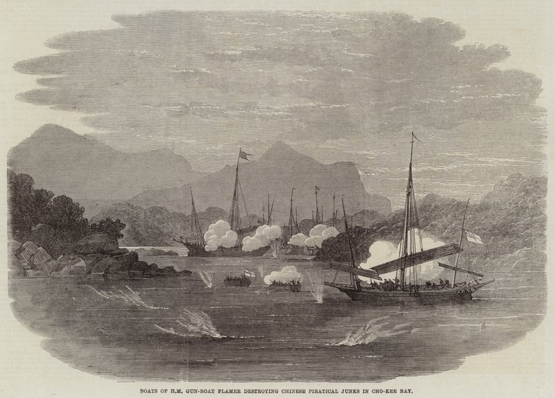 Boats of HM Gun-Boat Flamer destroying Chinese Piratical Junks in Cho-Kee Bay by Edwin Weedon