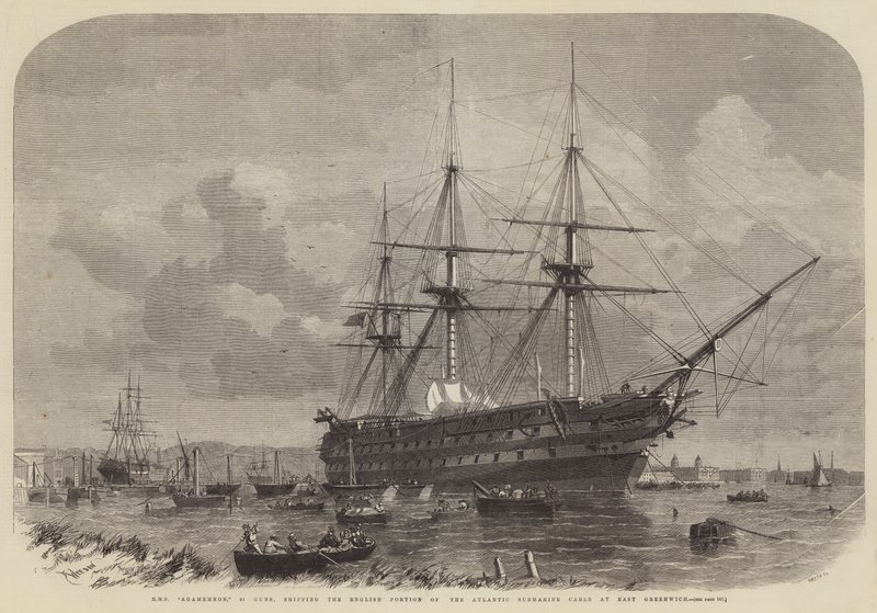 HMS Agamemnon, 91 Guns, Shipping the English Portion of the Atlantic Submarine Cable at East Greenwich by Edwin Weedon
