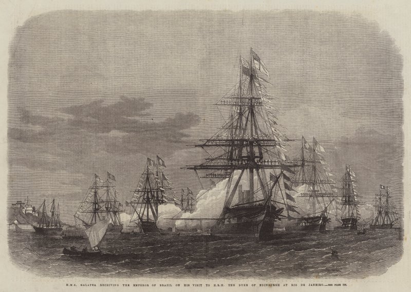 HMS Galatea receiving the Emperor of Brazil on his Visit to HRH the Duke of Edinburgh at Rio de Janeiro by Edwin Weedon