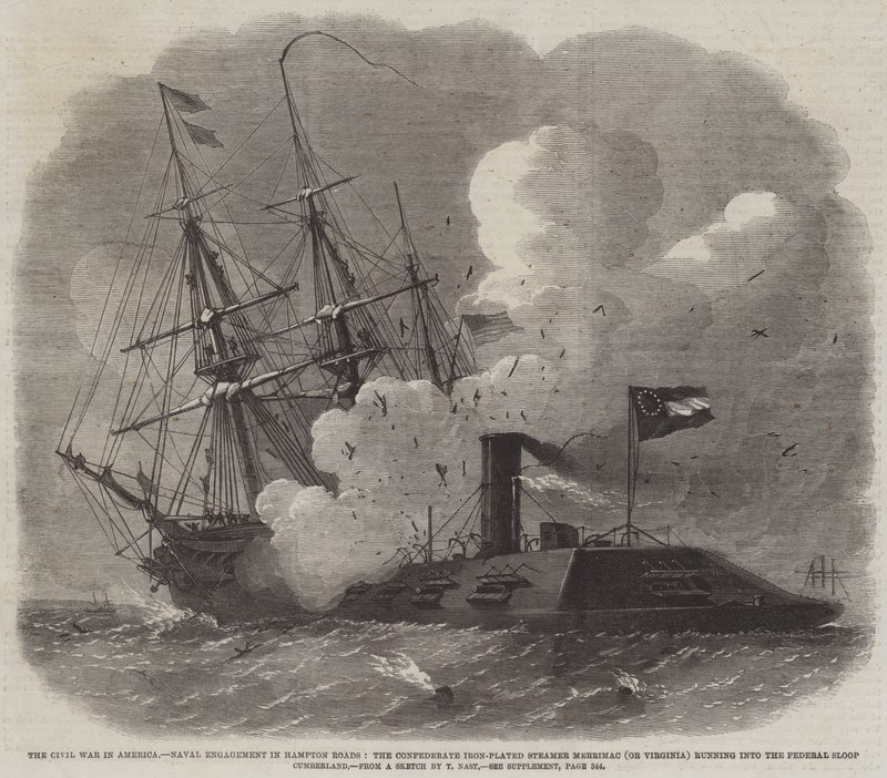 The Civil War in America, Naval Engagement in Hampton Roads, the Confederate Iron-Plated Steamer Merrimac (or Virginia) running into the Federal Sloop Cumberland by Edwin Weedon