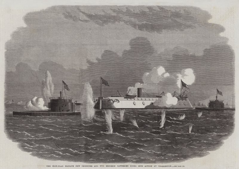 The Iron-Clad Frigate New Ironsides and Two Ericsson Batteries going into Action at Charleston by Edwin Weedon