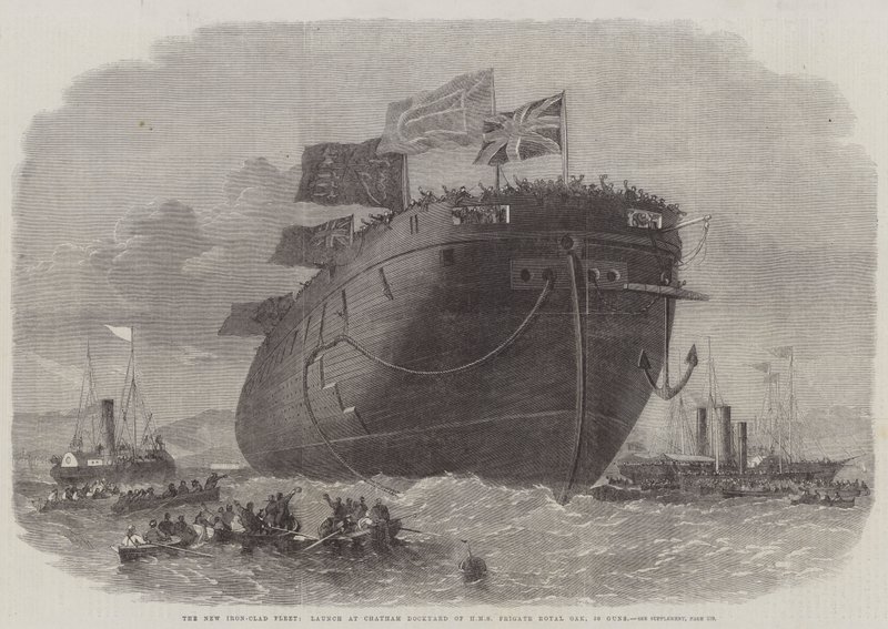 The New Iron-Clad Fleet, Launch at Chatham Dockyard of HMS Frigate Royal Oak, 50 Guns by Edwin Weedon