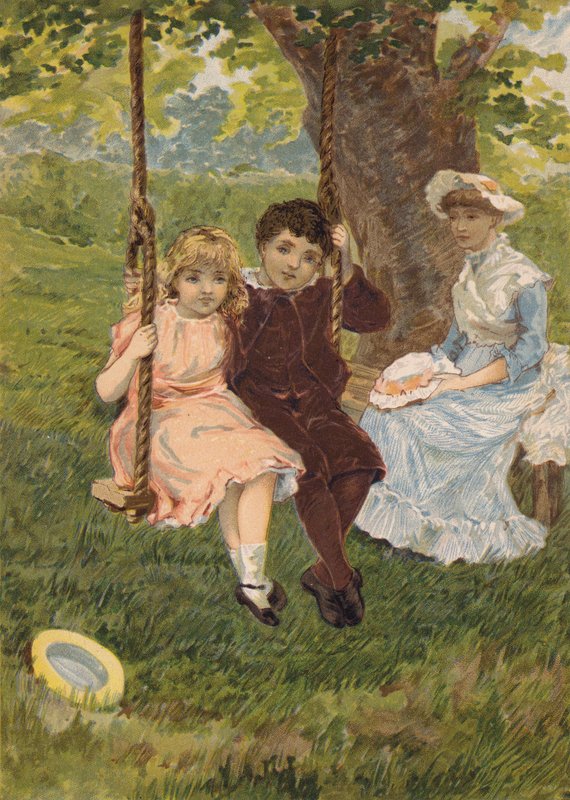 Boy and girl sitting on a swing by Emily Jane Harding Andrews