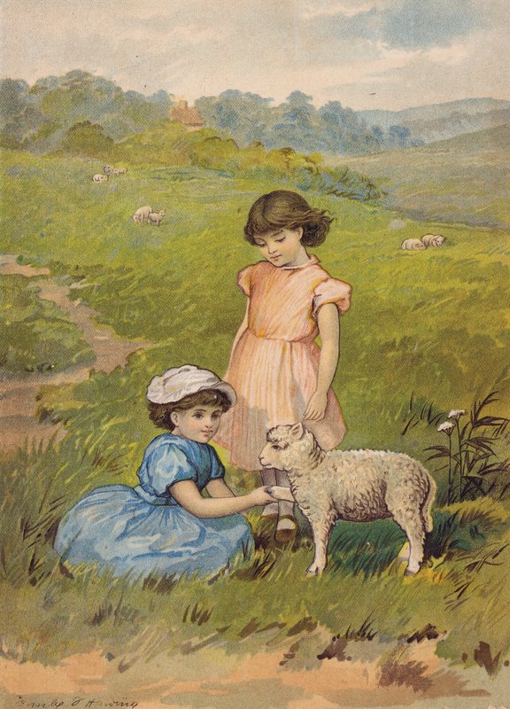 Two girls petting a lamb by Emily Jane Harding Andrews