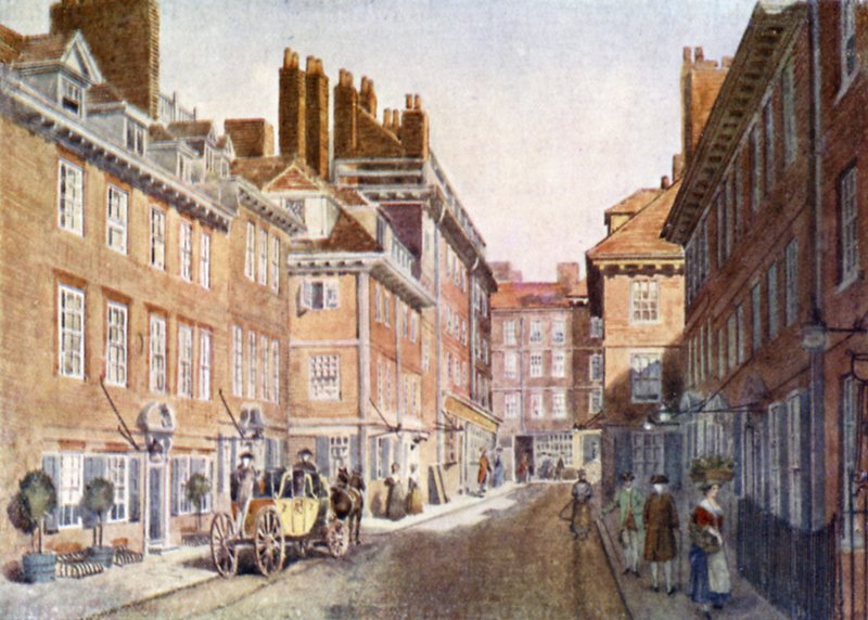 Beaufort Buildings in 1704, subsequently pulled down when the Savoy Hotel and Savoy Theatre were erected by English School