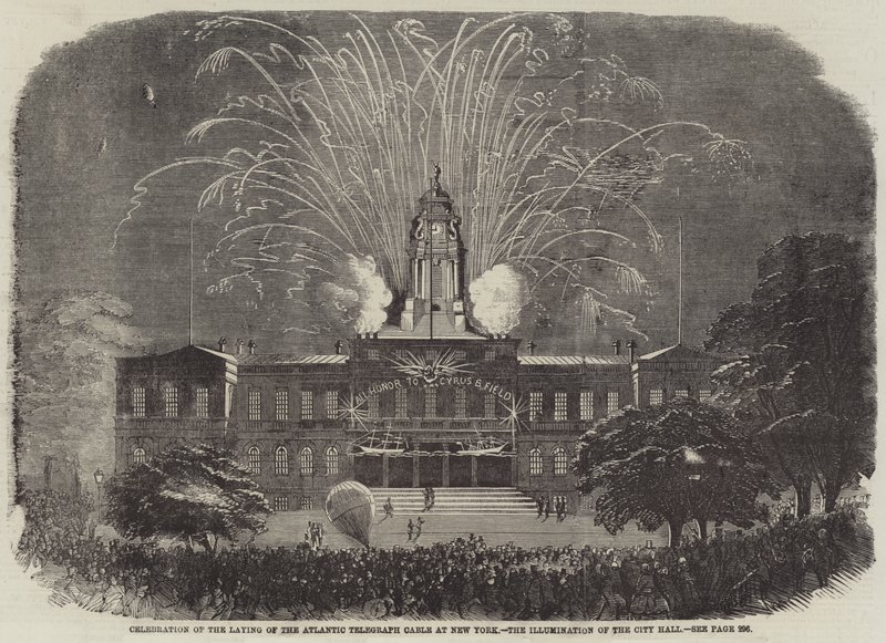 Celebration of the laying of the Atlantic Telegraph Cable at New York, the Illumination of the City Hall by English School