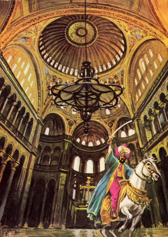 Sultan Mehmed riding his horse into the great church of Hagia Sophia by English School