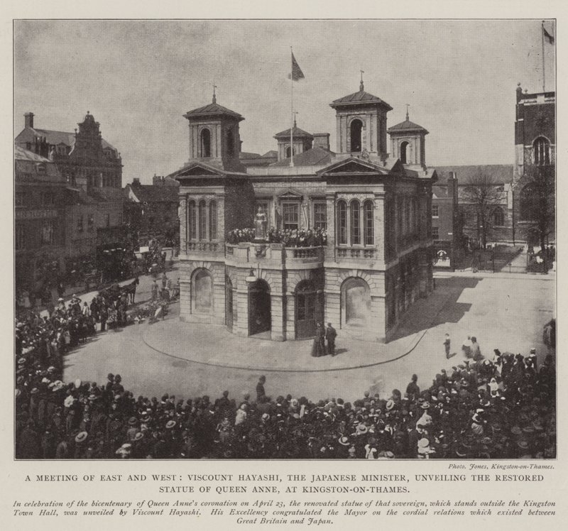 A Meeting of East and West, Viscount Hayashi, the Japanese Minister, Unveiling the Restored Statue of Queen Anne, at Kingston-on-Thames, 3 May 1902 by English Photographer