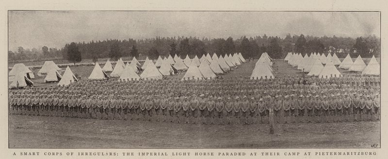 A Smart Corps of Irregulars, the Imperial Light Horse paraded at their Camp at Pietermaritzburg by English Photographer