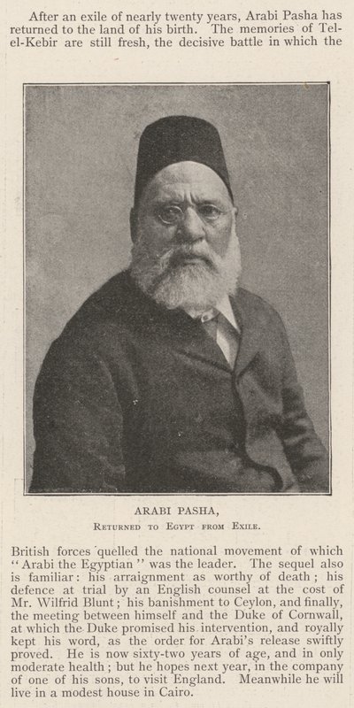 Arabi Pasha, returned to Egypt from Exile by English Photographer