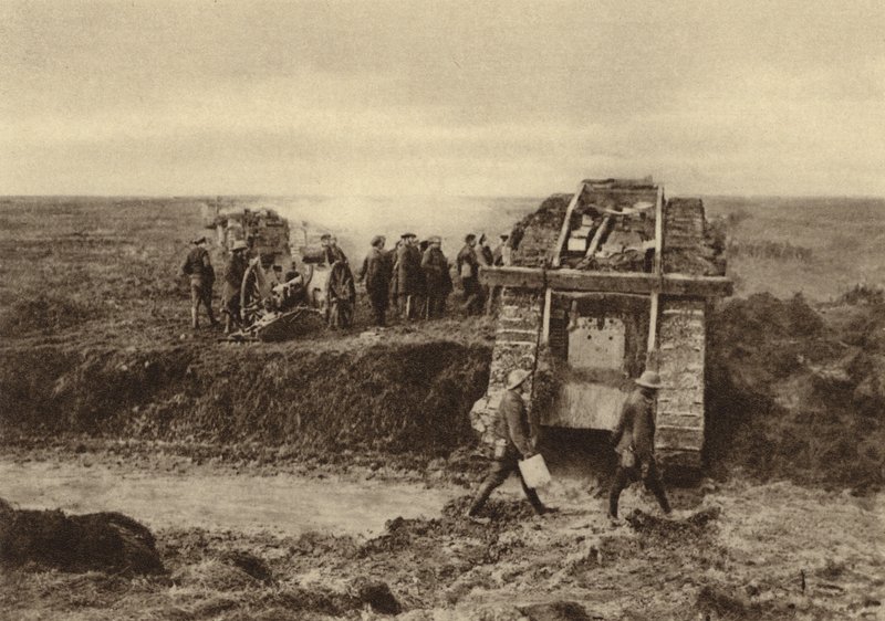 British tank squadron passing artillery positions at Graincourt on their way to attack Bourlon Wood, Battle of Cambrai, France, World War I, November 1917 by English Photographer