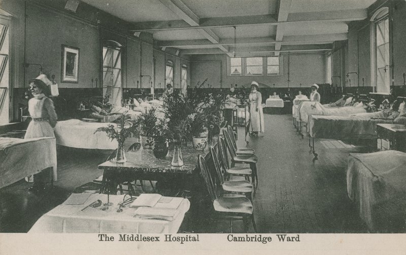 Cambridge Ward, The Middlesex Hospital, London. Postcard sent 16 August 1913. by English Photographer