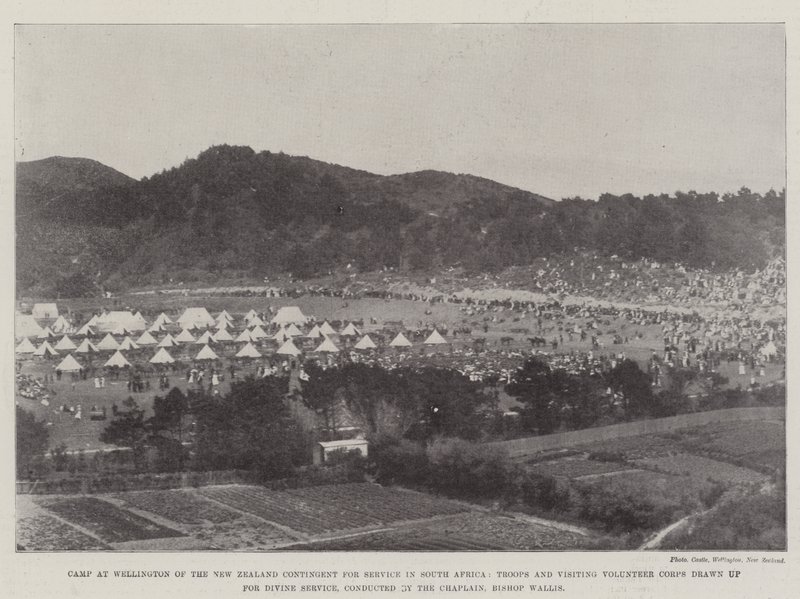 Camp at Wellington of the New Zealand Contingent for Service in South Africa, Troops and Visiting Volunteer Corps drawn up for Divine Service, conducted by the Chaplain, Bishop Wallis by English Photographer