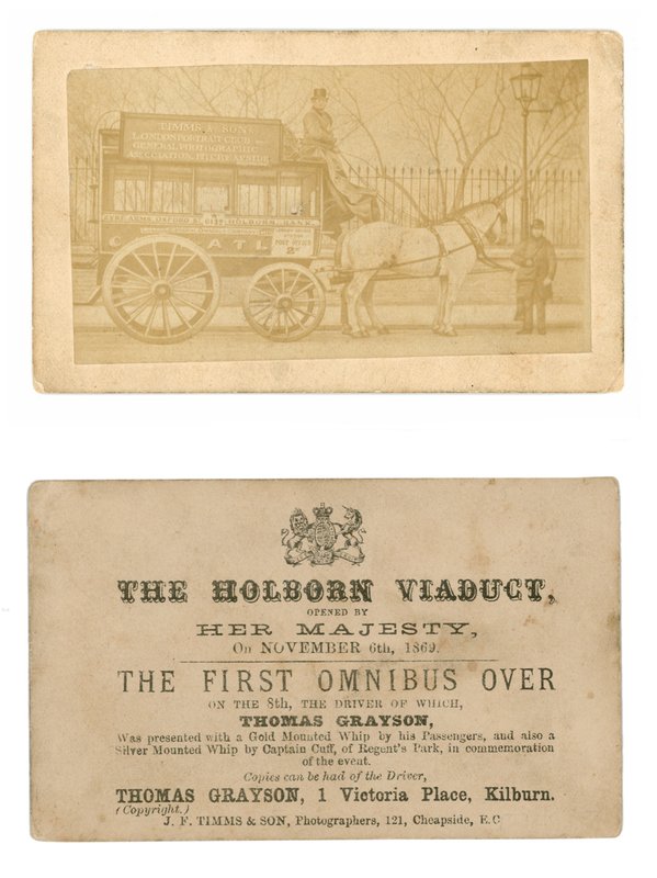 Card commemorating first omnibus driven across the Holborn Viaduct, 6 November 1869 by English Photographer