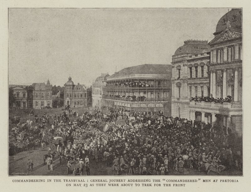 Commandeering in the Transvaal, General Joubert Addressing the Commandeered Men at Pretoria on 23 May as They Were About to Trek for the Front by English Photographer