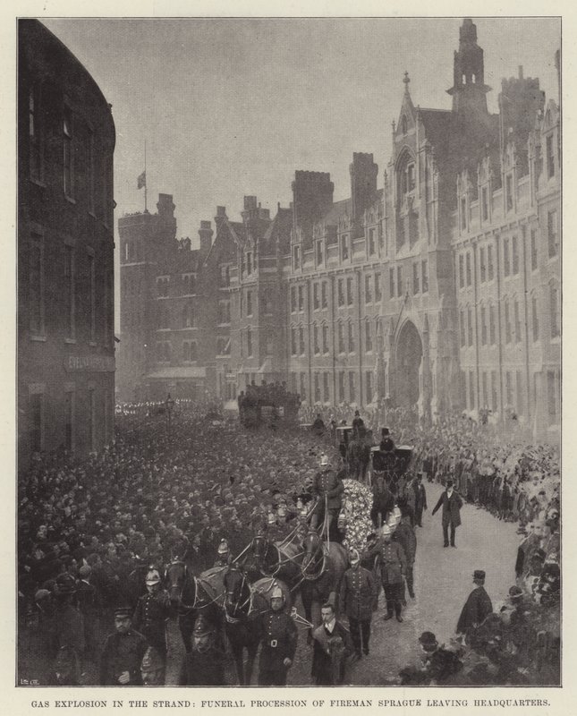Gas Explosion in the Strand, Funeral Procession of Fireman Sprague leaving Headquarters by English Photographer