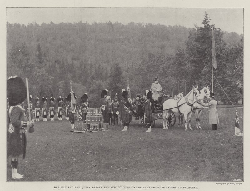 Her Majesty the Queen presenting New Colours to the Cameron Highlanders at Balmoral by English Photographer