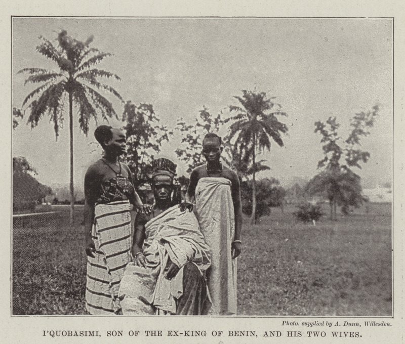 Iquobasimi, Son of the Ex-King of Benin, and His Two Wives by English Photographer