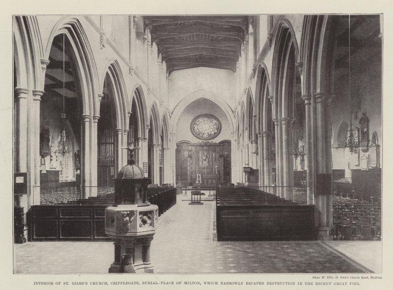 Interior of St Giles Church, Cripplegate, Burial-Place of Milton, Which Narrowly Escaped Destruction in the Recent Great Fire by English Photographer