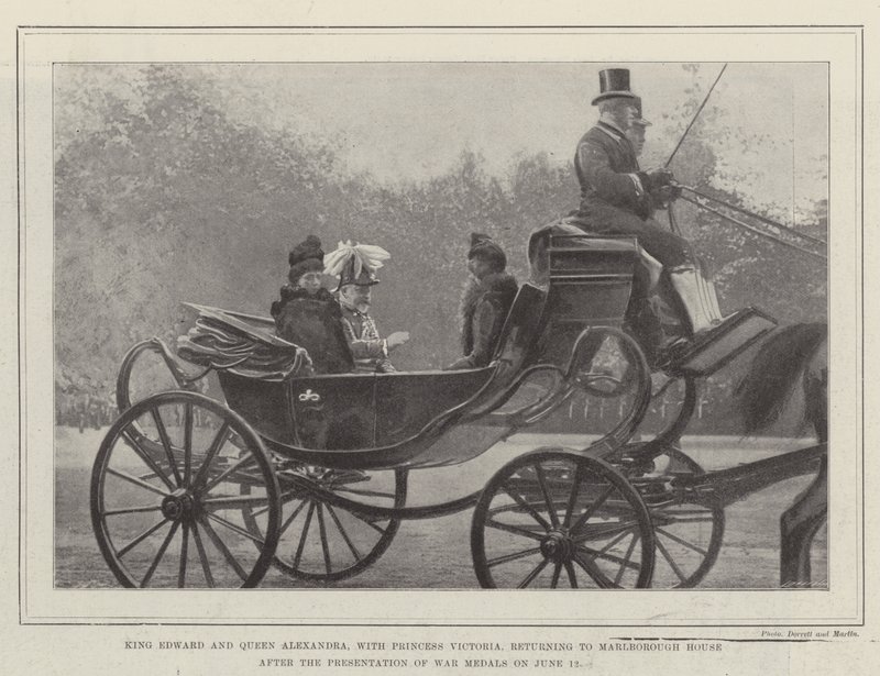 King Edward and Queen Alexandra, with Princess Victoria, returning to Marlborough House after the Presentation of War Medals on 12 June by English Photographer