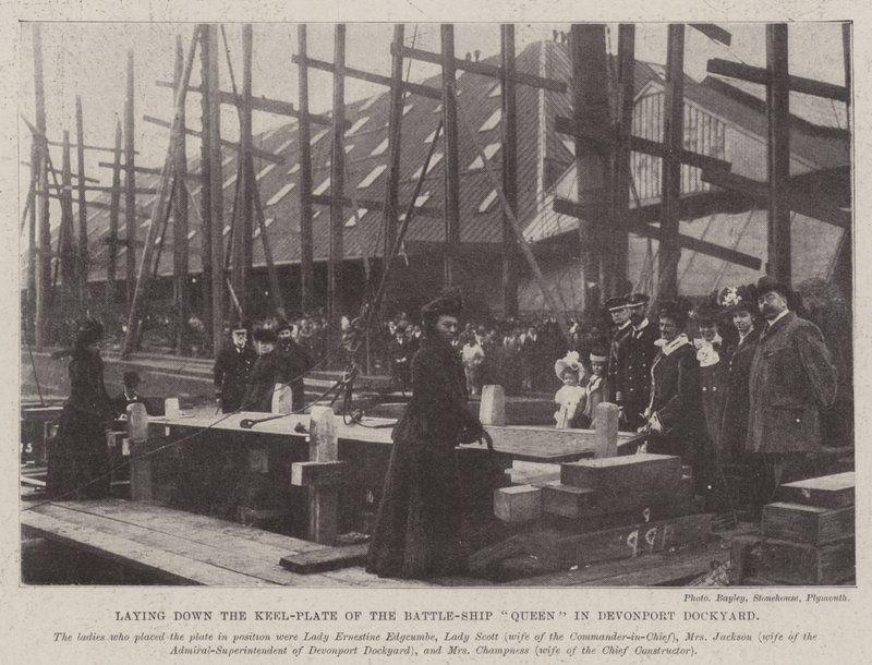 Laying down the Keel-Plate of the Battle-Ship Queen in Devonport Dockyard by English Photographer