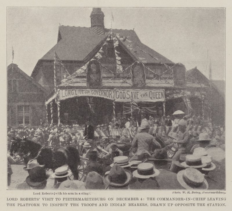 Lord Roberts Visit to Pietermaritzburg on 4 December, the Commander-in-Chief leaving the Platform to inspect the Troops and Indian Bearers, drawn up opposite the Station by English Photographer