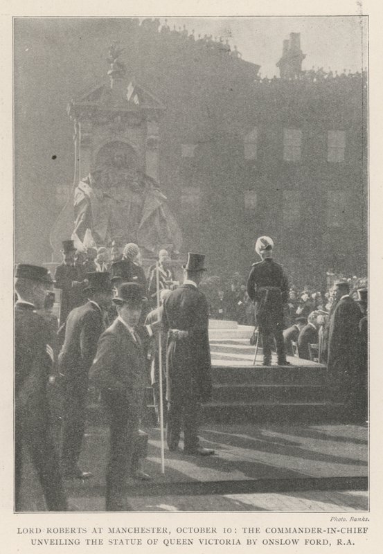 Lord Roberts at Manchester, 10 October, the Commander-in-Chief unveiling the Statue of Queen Victoria by Onslow Ford, RA by English Photographer