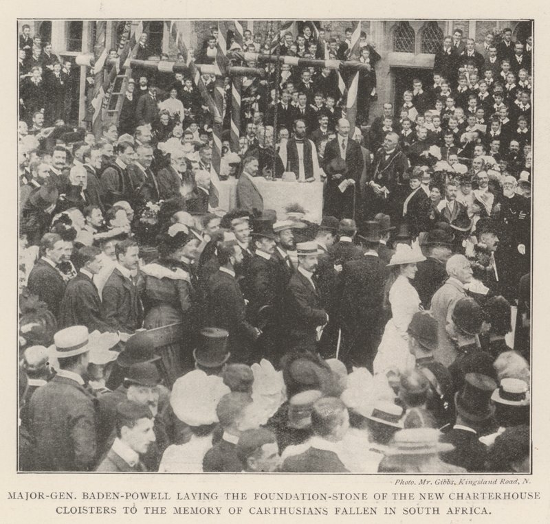 Major-General Baden-Powell laying the Foundation-Stone of the New Charterhouse Cloisters to the Memory of Carthusians fallen in South Africa by English Photographer