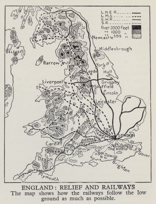 Map showing how railways in England follow the low ground as much as possible by English Photographer