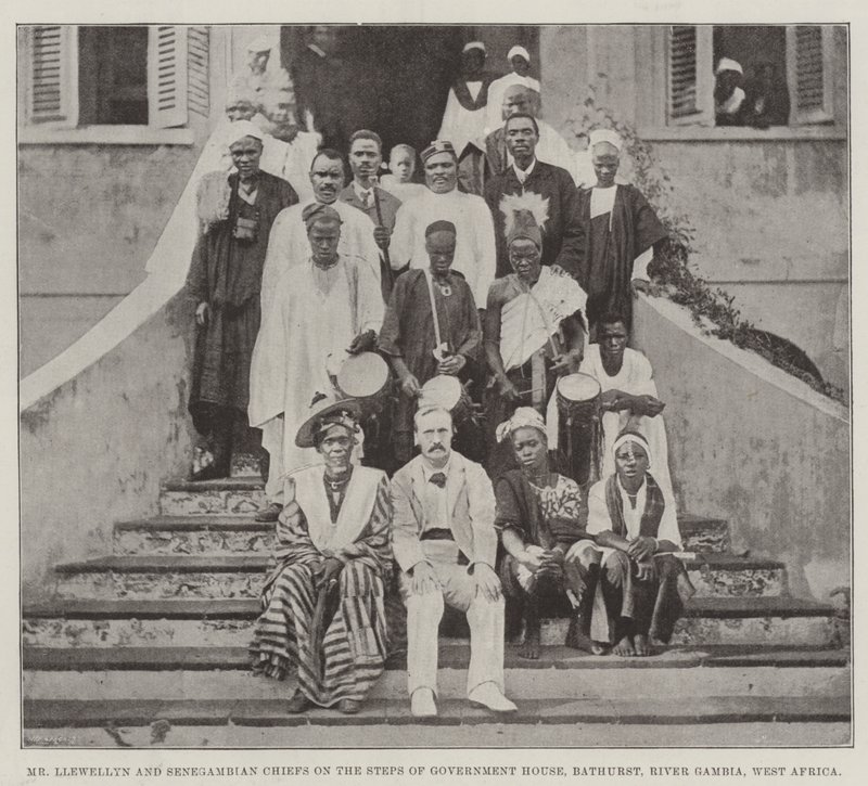 Mr. Llewellyn and Senegambian Chiefs on the Steps of Government House, Bathurst, River Gambia, West Africa by English Photographer