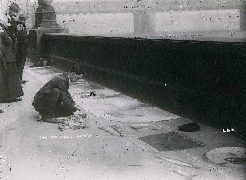 People Watching a Pavement Artist Drawing in Chalk by English Photographer