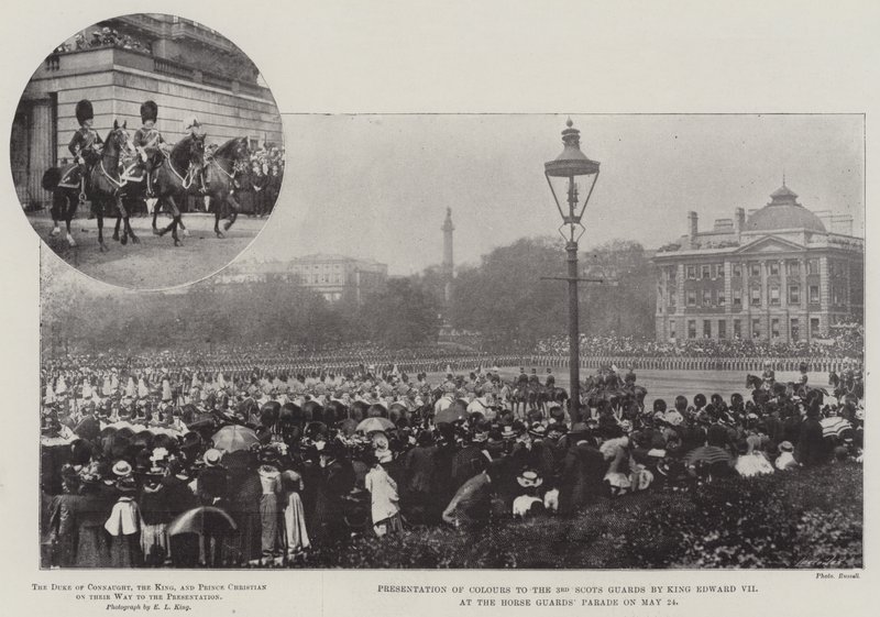 Presentation of Colours to the 3rd Scots Guards by King Edward VII at the Horse Guards Parade on 24 May by English Photographer