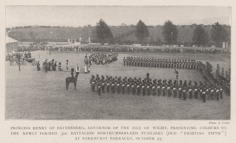 Princess Henry of Battenberg, Governor of the Isle of Wight, presenting Colours to the Newly Formed 3rd Battalion Northumberland Fusiliers (Old Fighting Fifth) at Parkhurst Barracks, 25 October by English Photographer
