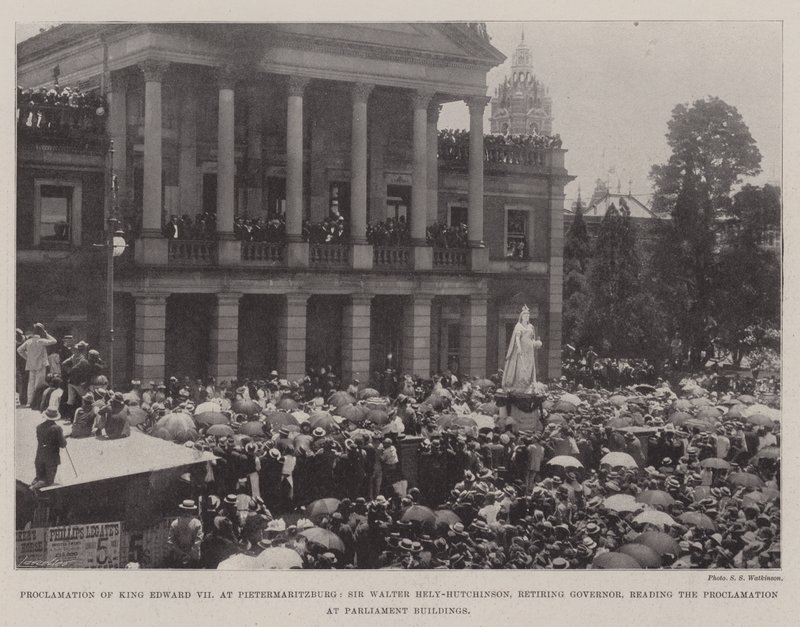 Proclamation of King Edward VII at Pietermaritzburg, Sir Walter Hely-Hutchinson, Retiring Governor, reading the Proclamation at Parliament Buildings by English Photographer