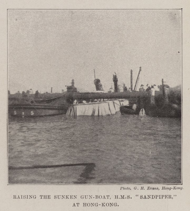 Raising the Sunken Gun-Boat, HMS Sandpiper, at Hong-Kong by English Photographer