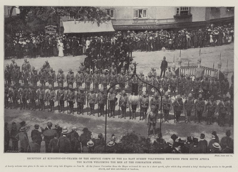 Reception at Kingston-on-Thames of the Service Corps of the 2nd East Surrey Volunteers returned from South Africa, the Mayor welcoming the Men at the Coronation Stone by English Photographer