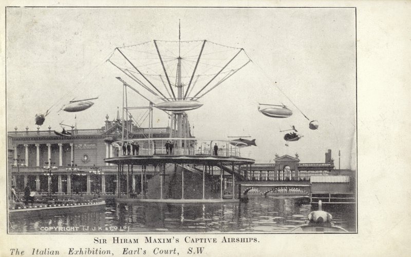 Sir Hiram Maxims captive airships at the Italian Exhibition, which took place in 1904 at Earls Court in London by English Photographer