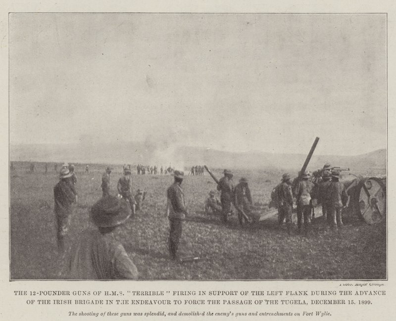 The 12-Pounder Guns of HMS Terrible firing in Support of the Left Flank during the Advance of the Irish Brigade in the Endeavour to force the Passage of the Tugela, 15 December 1899 by English Photographer