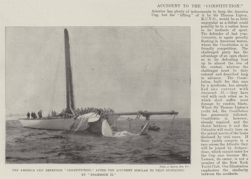 The America Cup Defender Constitution, after the Accident similar to that sustained by Shamrock II by English Photographer