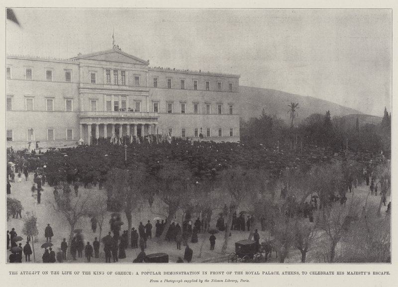 The Attempt on the Life of the King of Greece, a Popular Demonstration in front of the Royal Palace, Athens, to celebrate His Majestys Escape by English Photographer