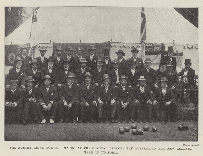 The Australasian Bowling Match at the Crystal Palace, the Australian and New Zealand Team in Uniform by English Photographer