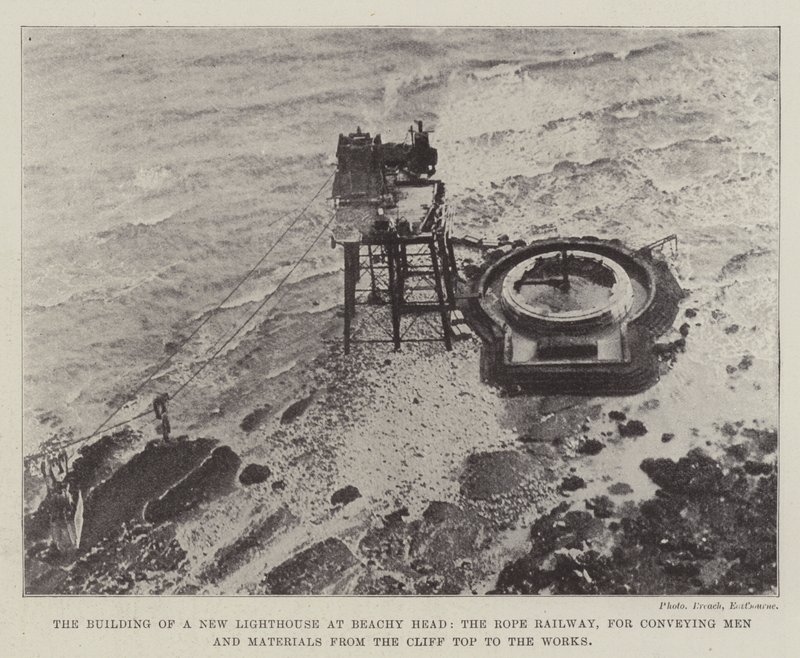 The Building of a New Lighthouse at Beachy Head, the Rope Railway, for conveying Men and Materials from the Cliff Top to the Works by English Photographer