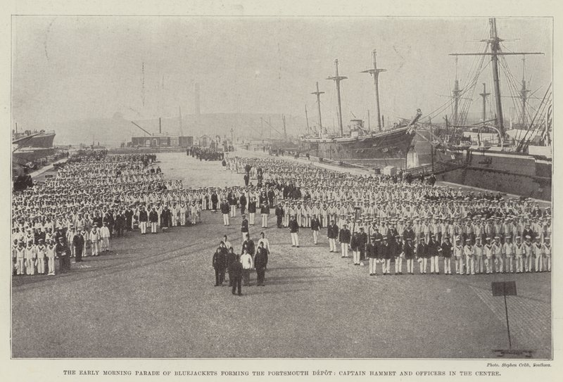 The Early Morning Parade of Bluejackets Forming the Portsmouth Depot, Captain Hammet and Officers in the Centre by English Photographer