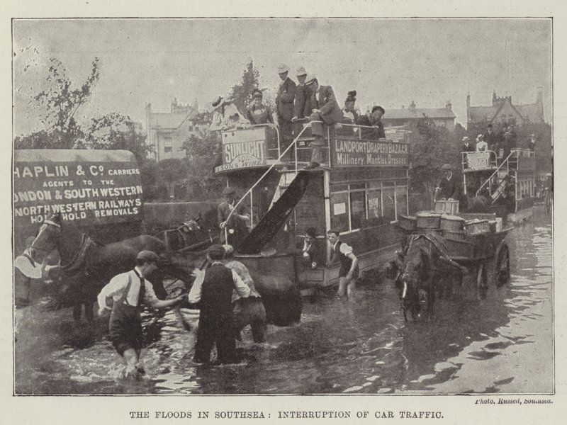 The Floods in Southsea, Interruption of Car Traffic by English Photographer