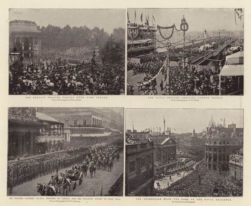 The Foreign Princes passing Hyde Park Corner, Sir Wilfrid Laurier, GCMG, Premier of Canada, and Colonial Escort in Pall Mall, the Naval Brigade crossing London Bridge, the Procession from Roof of the by English Photographer