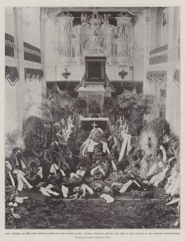 The Funeral of the late Prince Alfred of Saxe-Coburg-Gotha, Floral Tributes around the Bier in the Church of the Schloss Friedenstein by English Photographer