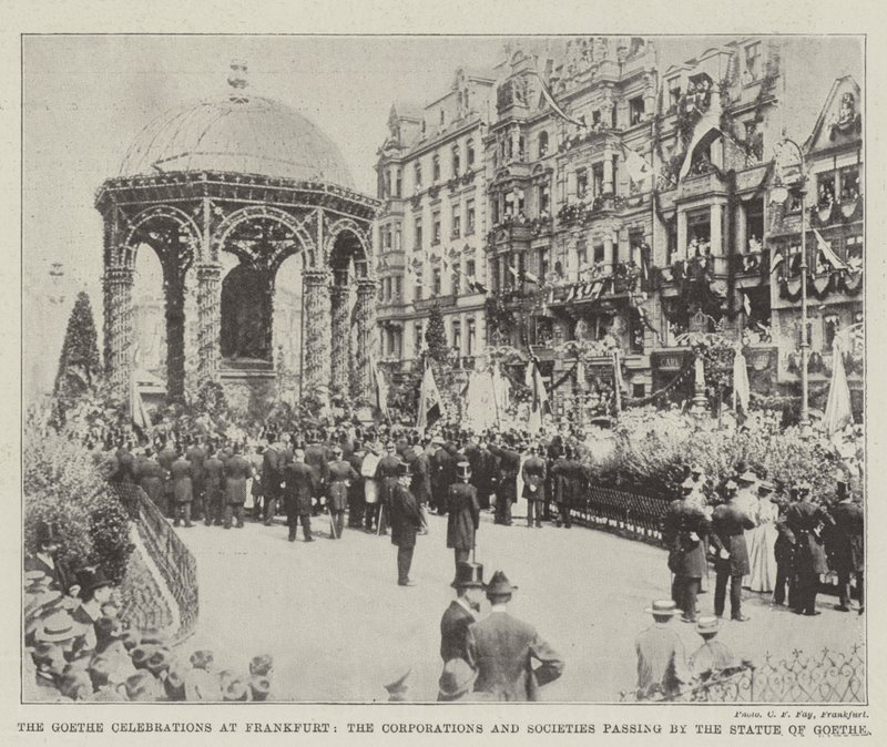 The Goethe Celebrations at Frankfurt, the Corporations and Societies passing by the Statue of Goethe by English Photographer